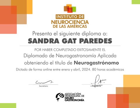 Diploma de Neurogastronomía Aplicada de Sandra Gat Paredes